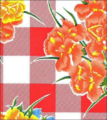 Carnations on Red Buffalo Check gingham oilcloth