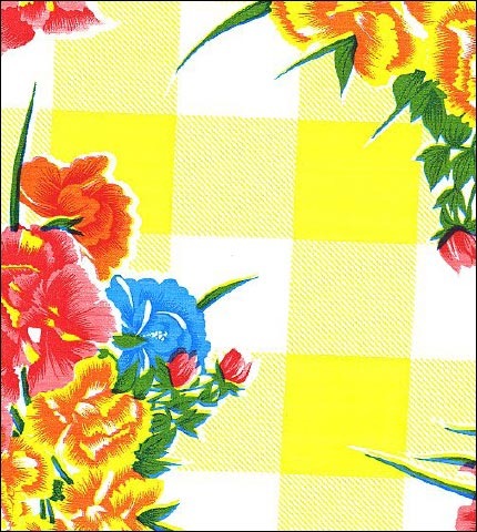 Carnations on  Yellow Buffalo Check gingham oilcloth swatch