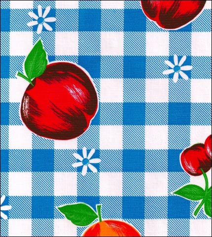 oilcloth by the yard gingham and fruit blue swatch