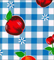 Fruits, apples, cherries, on large blue gingham oilcloth swatch