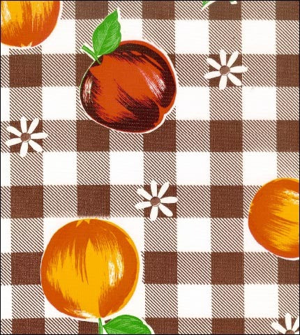 Pears, peaches, cherries, on large brown gingham oilcloth fabric swatch