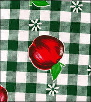Green Gingham Check and Fruits cherries, apples, peaches oilcloth fabric swatch