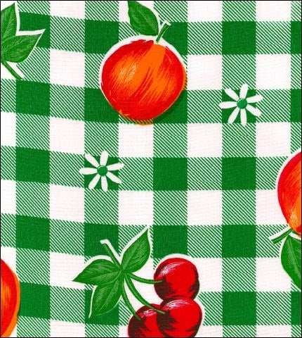Grass Green Gingham & Fruit (cherries, apples, peaches) oilcloth fabric 