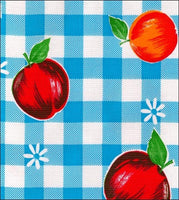 Light Blue Gingham Check and Fruit peas, apples, cherries oilcloth swatch