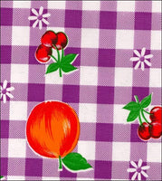 Fruit on Purple Gingham Check oilcloth fabric swatch - peaches, cherries