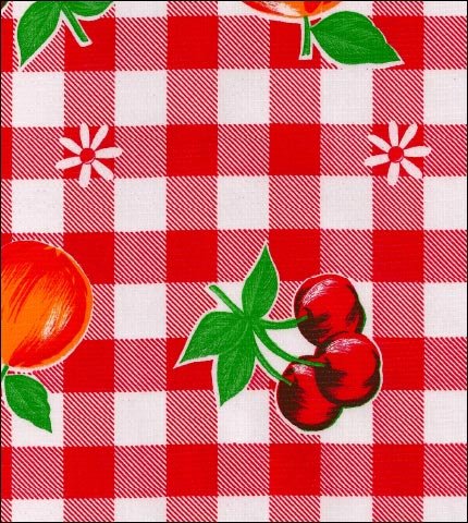 oilcloth by the yard gingham and fruit red swatch
