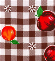Fruit on Large Brown Gingham Check oilcloth swatch with cherries, apples, peaches
