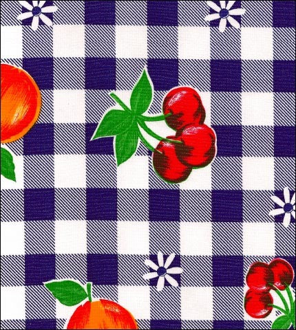 Navy Gingham and Fruit oilcloth Swatch with cherries, pears and apples with 