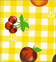 Fruits on Large Yellow Gingham check oilcloth with cherries, apples, peaches