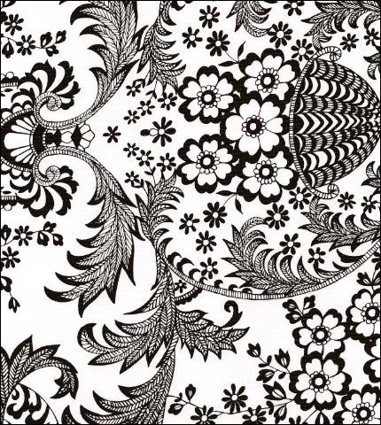 Oilcloth fabric swatch: Black Toile on Solid White background
