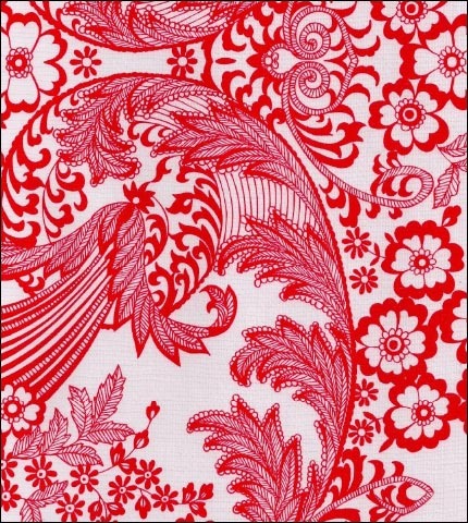 Red Toile on White oilcloth fabric