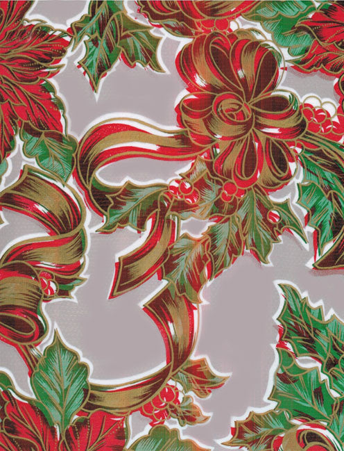oilcloth by the yard christmas ribbons and holly silver swatch 1