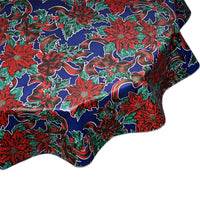 Round tablecloth in Ribbons & Holly on Blue oilcloth by the yard