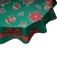 Round tablecloth in Christmas Bells & Bows on Green oilcloth
