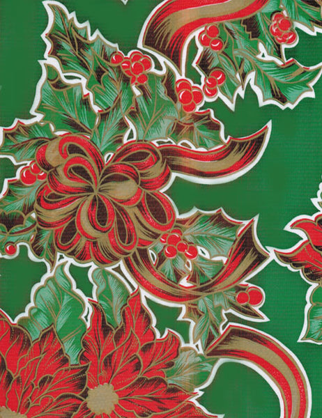 Christmas Ribbons & Holly on Green oilcloth