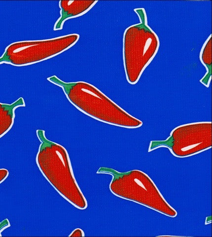 Red Chilies on Blue oilcloth fabric