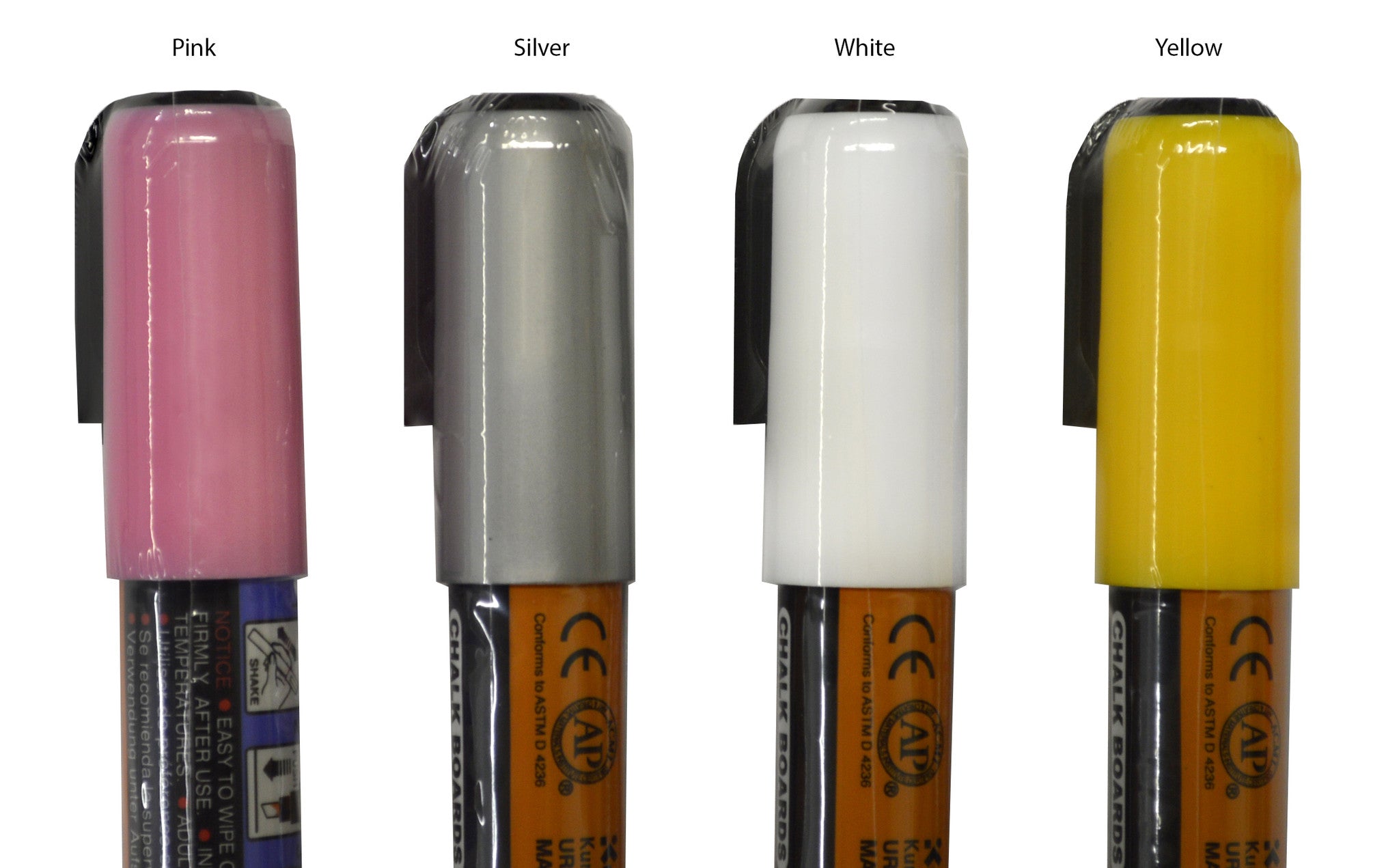 Liquid Chalk markers silver, white, pink, yellow 