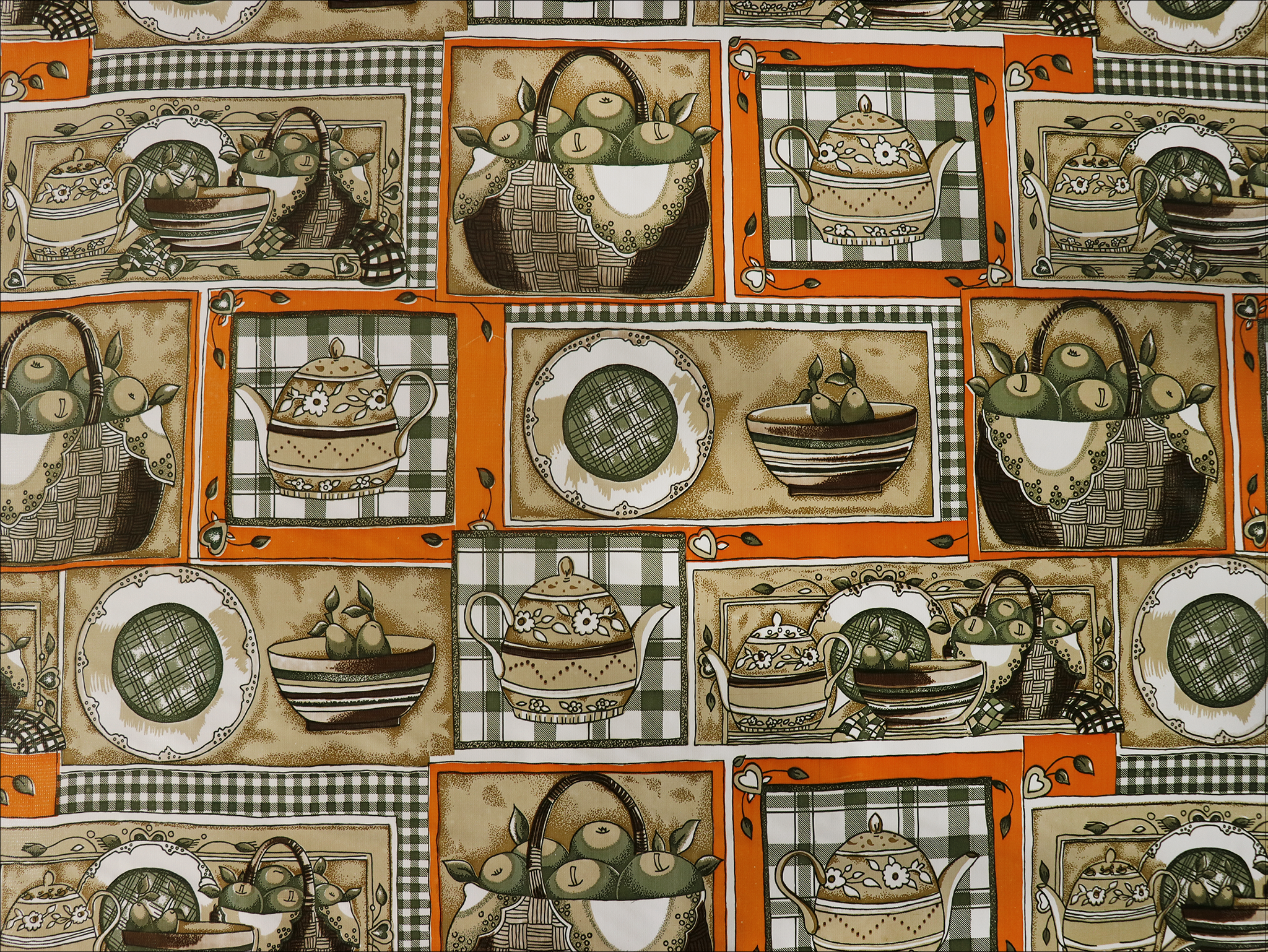 oilcloth by the yard kitchen dark green and orange swatch 2
