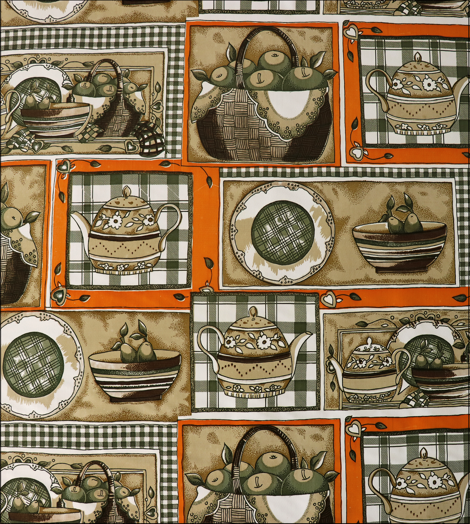 oilcloth by the yard kitchen dark green and orange swatch 1