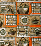 Kitchen Scene with Green Gingham and Solid Orange oilcloth