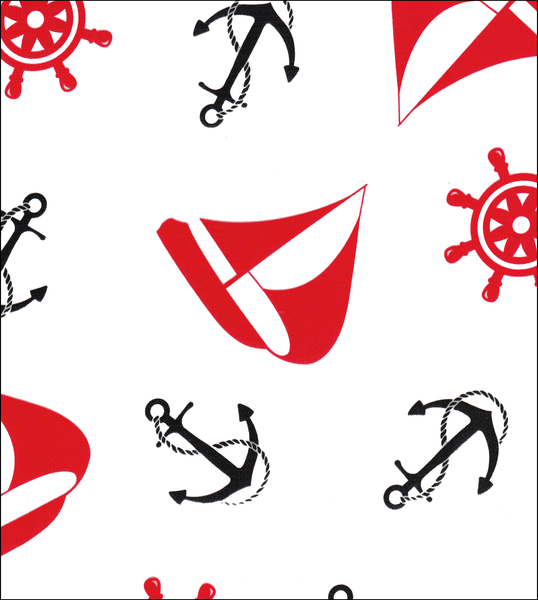 Nautical Black & Red Anchors & Sailboats on white oilcloth