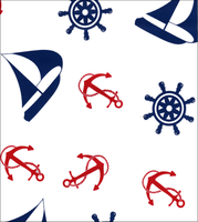 Nautical Navy & Red Sailboats and Anchors on white oilcloth
