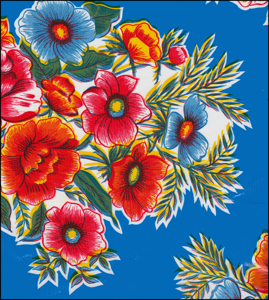 Flower bunches on Blue oilcloth Fabric