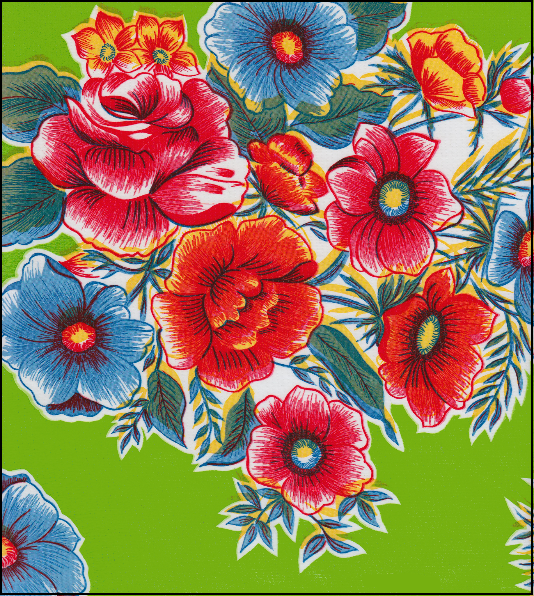 Oilcloth by the yard flowers lime swatch