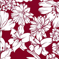 Chelsea white Flowers on Burgundy oilcloth fabric