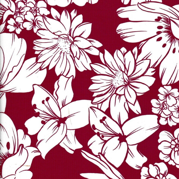 Chelsea white Flowers on Burgundy oilcloth fabric