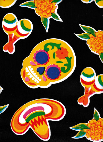 Skulls on Black oilcloth fabric Swatch