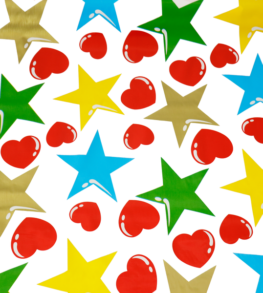Red Hearts and gold Stars oilcloth swatch