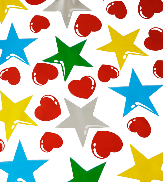 Red Hearts and Silver Stars on white oilcloth swatch