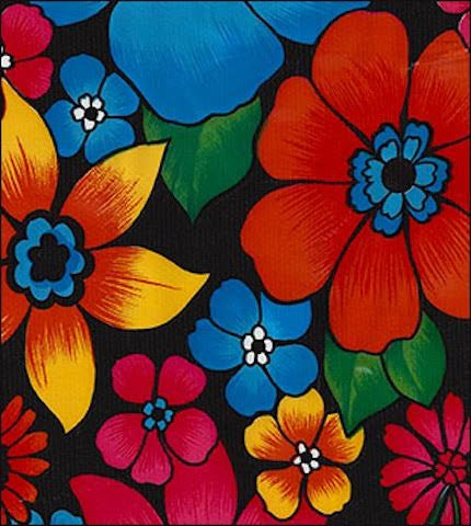 Oilcloth fabric swatch vibrant red yellow blue pink flowers on solid black background