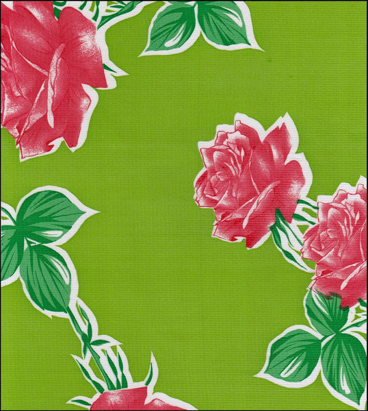 Oilcloth fabric swatch long stem red roses on solid lime background
