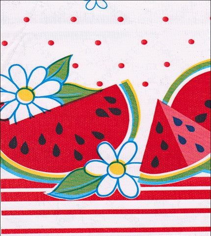 Oilcloth fabric swatch sliced Watermelons  Red dots  stripes on solid white oilcloth
