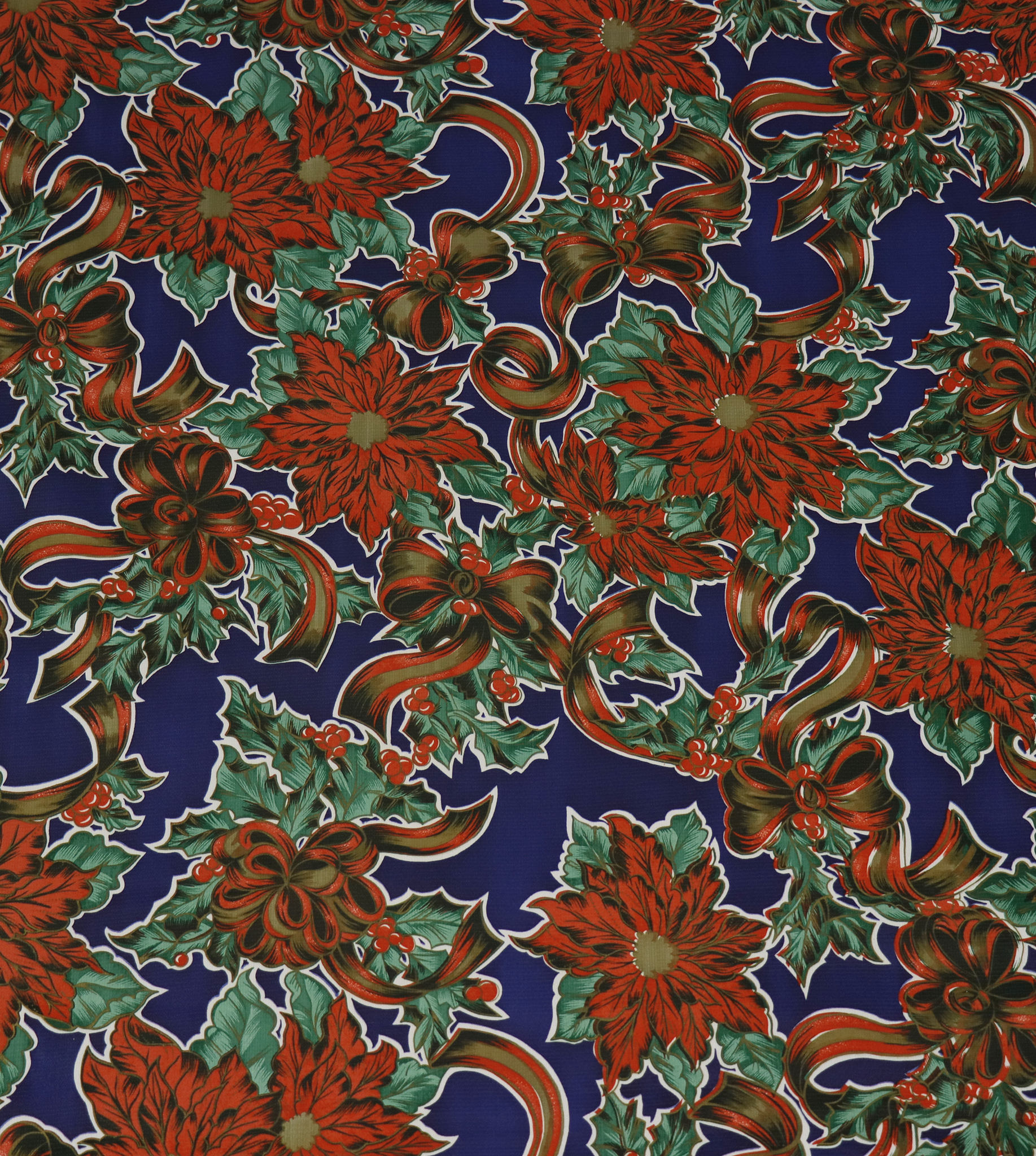 oilcloth by the yard christmas ribbons and holly blue swatch 2