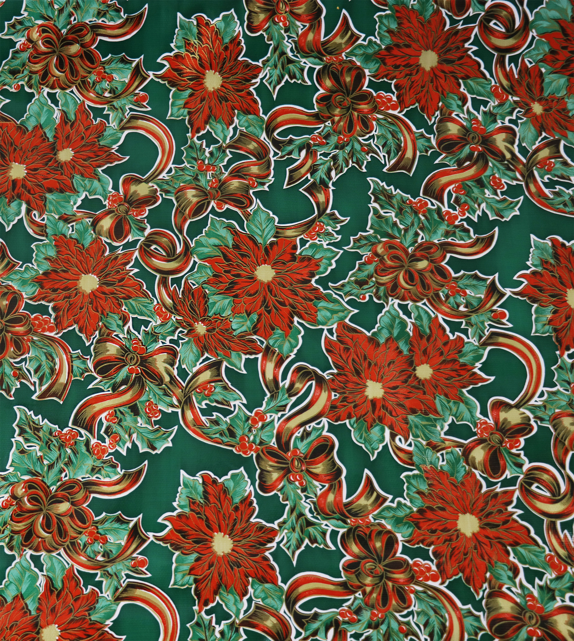 oilcloth by the yard christmas ribbons and holly green swatch 2