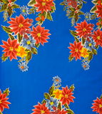Poinsettias on Blue oilcloth fabric